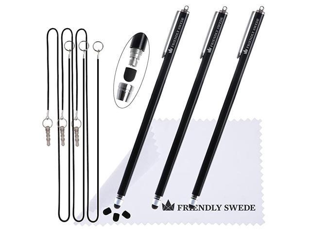 Long Bundle of 3 ThinTip High Precision Universal Capacitive Stylus Pens 73 + 3 Replaceable Tips + 2 x 15 Elastic Tether Lanyards + Cleaning Cloth