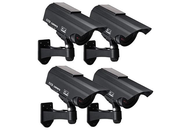 Powered Fake Security Camera Bullet Dummy Surveillance System with Realistic Red Flashing Lights and Warning Sticker Indoor Outdoor 4 Black