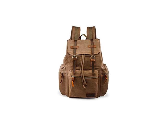 TM 21L Vintage Canvas Backpack for Men Leather Rucksack Knapsack 15 inch Laptop Tote Satchel School Military Army Shoulder Rucksack Hiking Bag Brown