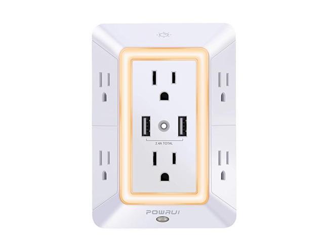 USB Wall Charger Surge Protector 6Outlet Extender with 2 USB Charging Ports 24A Total and Night Light 3Sided Power Strip with Adapter Spaced