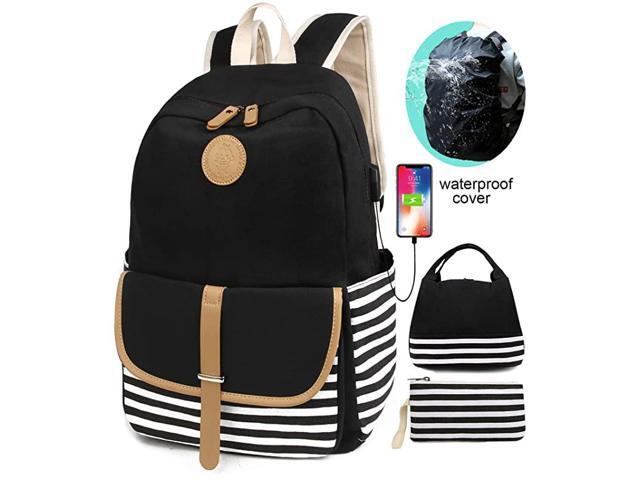 School Backpacks for Women Teen Girls with USB Charging Port and Backpack Rain Cover Lightweight Canvas Stripe Backpack Cute Teen Bookpacks Set