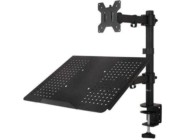 Single LCD Monitor Desk Mount Fully Adjustable Stand with Extra Laptop Tray for 1 Laptop Notebook up to 17 inch and 1 Screen up to 27 inch 22 lbs