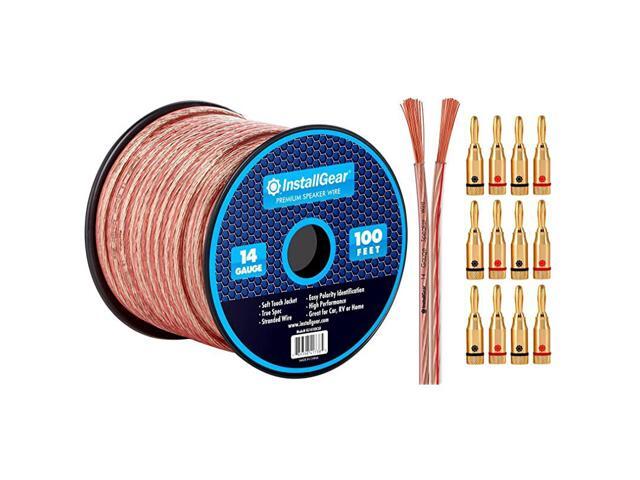 14 Gauge AWG 100ft Speaker Wire Cable Clear with 12 Banana Plugs