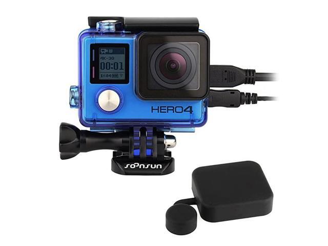 Side Open Protective Skeleton Housing Case with LCD Touch Backdoor and Silicone Lens Cap Cover for GoPro Hero 4 Hero3+ Hero 3 Camera Transparent Blue