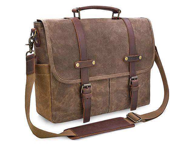 Messenger Bag 156 Inch Waterproof Vintage Genuine Leather Waxed Canvas Briefcase Large Satchel Shoulder Bag Rugged Leather Computer Laptop Bag Brown