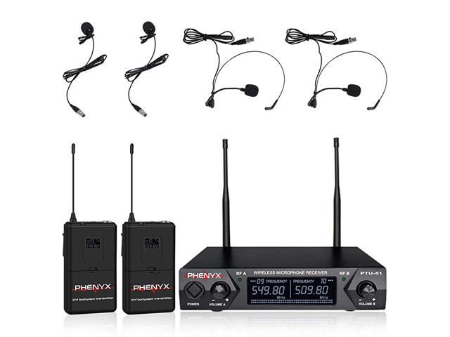 Metal Wireless Receiver UHF Wireless Microphone System with 2 Bodypacks 2 Lapels and 2 Headsets Fixed Frequency 16 Hrs Long Battery Life Ideal for