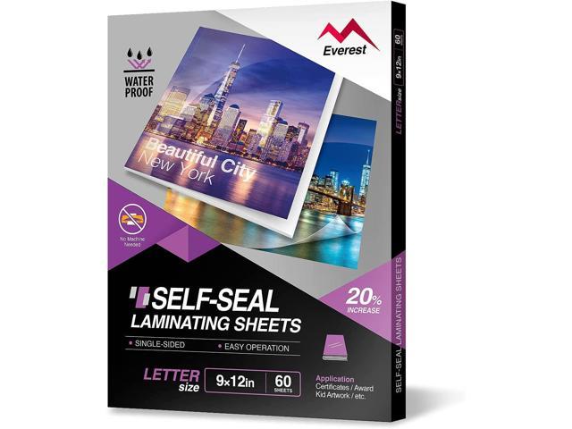 NeweggBusiness - Everest Self Adhesive Laminating Sheets, Single Sided,  Waterproof, Removable Adhesive Within 24 Hours, 9 x 12 Inches, 60 Clear  Self Seal Laminating Sheets, Letter Size