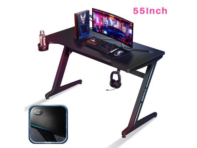 TROPRO Large Gaming Desk 55 Inch Computer Gaming Desk E-Sports Racing Table with with Cup Holder Headphone Hook for Home Office Black
