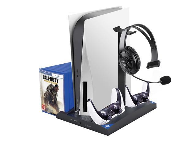 PS5 Vertical Stand with Cooling Fan Station Base & Headset Holder for Playstation 5 Console Disc Edition & Digital Edition with 2 Controllers