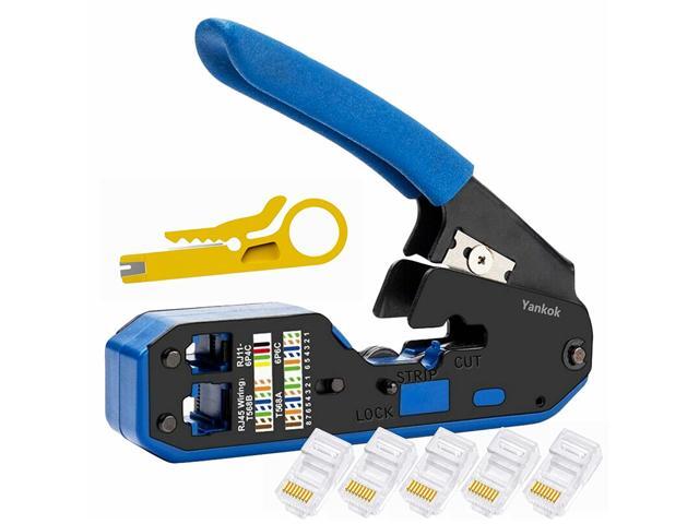 Yankok [RJ45 RJ12 RJ11 Modular Crimper] for CAT5/5e CAT6 Network Connectors CAT6a CAT7 Shielded Plugs Strip Cut Crimp Tool Blue Handle (Come with