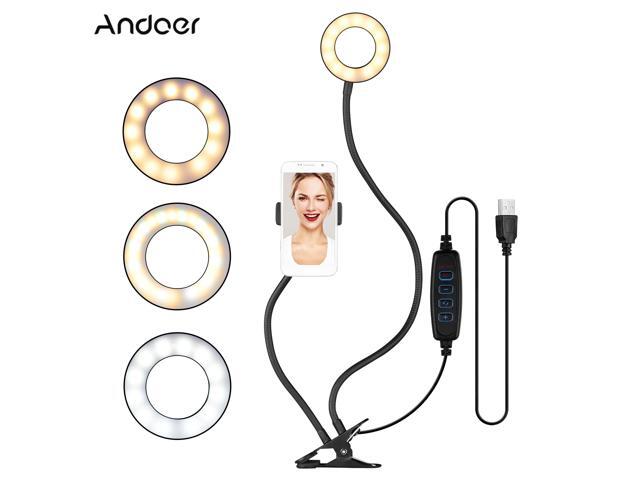 Andoer Webcam Light Stand 35 Inch Clip-On Mini USB Ring Light 3 Lighting Modes Dimmable Flexible Arms Design with Webcam Mount Phone Holder for