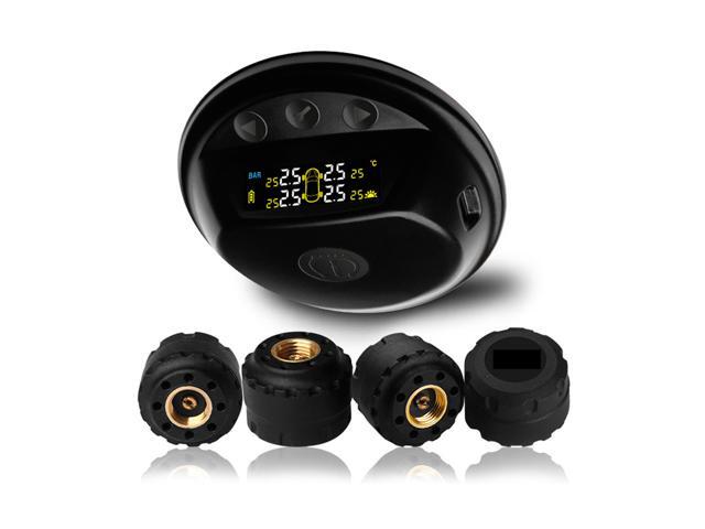 Tire Pressure Monitor with 4 Valve Cap Sensors Wireless Touch Keys Tire Pressure Monitoring System Solar Powered TPMS Adsorbed Installation