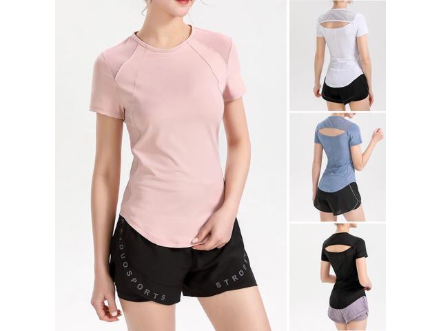 Women Sports T-Shirt Mesh Splicing Back Hollow Out Tight Fitting Short Sleeves Moisture-wicking Athletic Yoga Running Shirt Tops