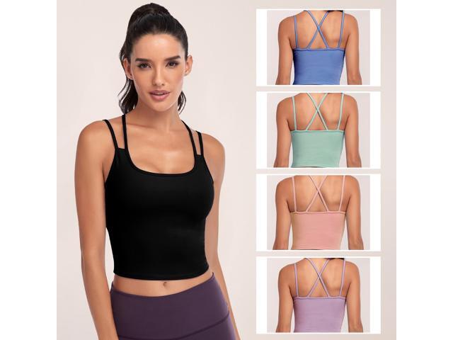 Women 2-in-1 Camisole Sports Bra Removable Pad Criss-cross Straps Vest Yoga Fitness Slim Solid Crop Top