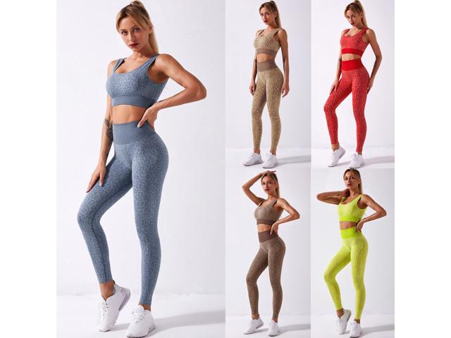 2PCS Women Leopard Print Bra High Waist Leggings Seamless Fitness Running Gym Sports Set