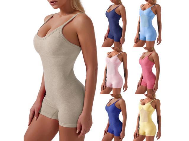 Women Spaghetti Straps Jumpsuits Vest Shorts Compression Breathable Elastic Bodysuits Yoga Workout Fitness Sportswear Solid Casual Rompers