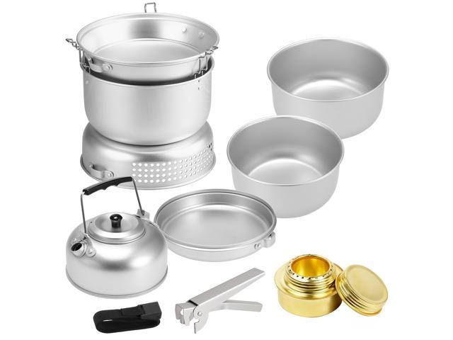 10 PCS Camping Stove Kit Portable Dish Plates Pots Water Kettle Stove Hand Vice Outdoor Camping Cooking Set for 2-3 Persons