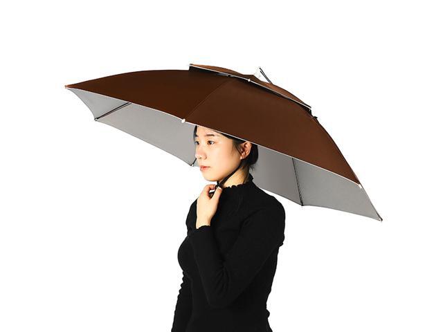 Double Layer Umbrella Hat Women Men Folding Sun Rain Cap with Adjustable Head Band for Fishing Camping Hiking