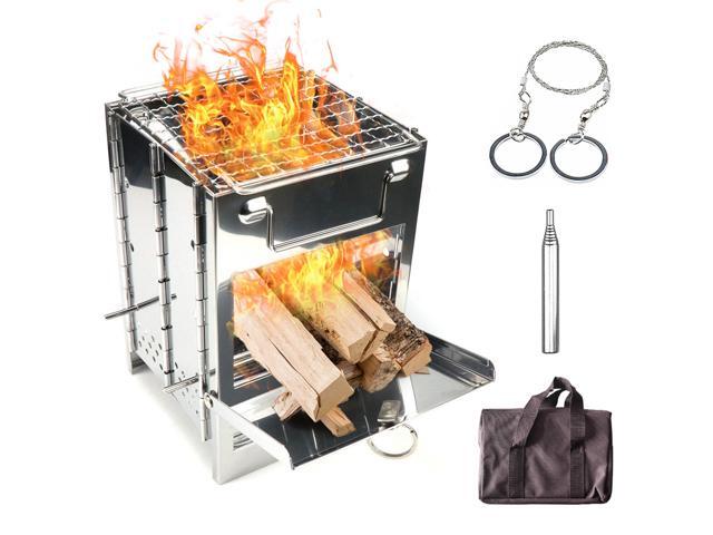 Folding Wood Burning Stove Blowpipe Wire Saw Kit Mini BBQ Grill with Carry Bag for Backpacking Hiking Camping Cooking