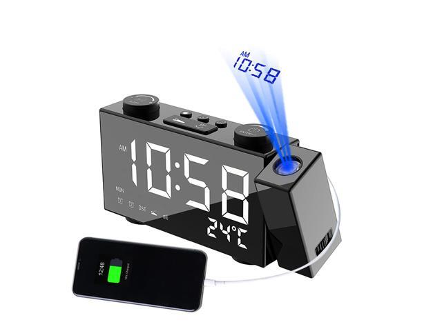 Projection Alarm Clock FM Radio Clock 6 Inches LED Display with 180° Adjustable Projector Dual Alarms with Snooze USB Charging Port Temperature