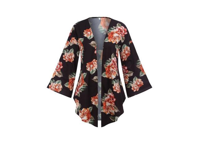 Casual Loose Coat Medium Length Floral Prints Long Sleeves Women Cardigan blackM
