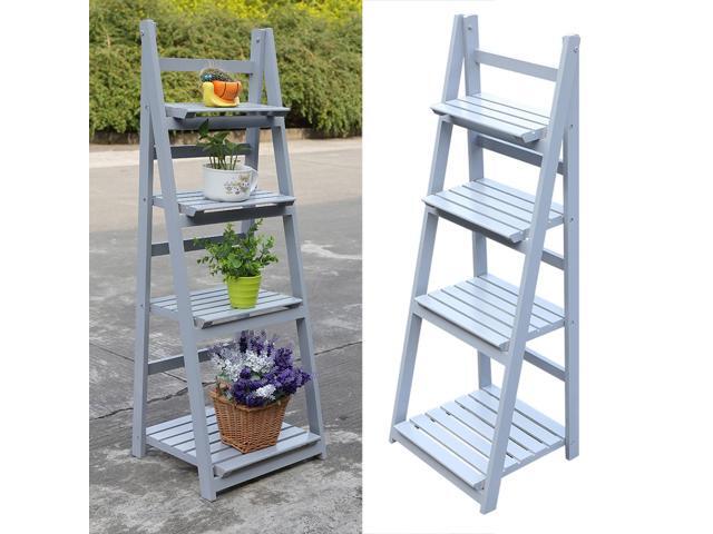 4 Tier Wooden Shelf Ladder Display Free Standing Folding Flower Shelf Dish Rack Flower Stand Garden Home Flower Balcony