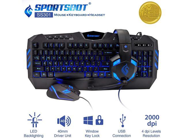 SportsBot SS301 Blue LED Gaming Over-Ear Headset Headphone Keyboard & Mouse Combo Set w/ 40mm Speaker Driver Microphone Multimedia Keys & Window