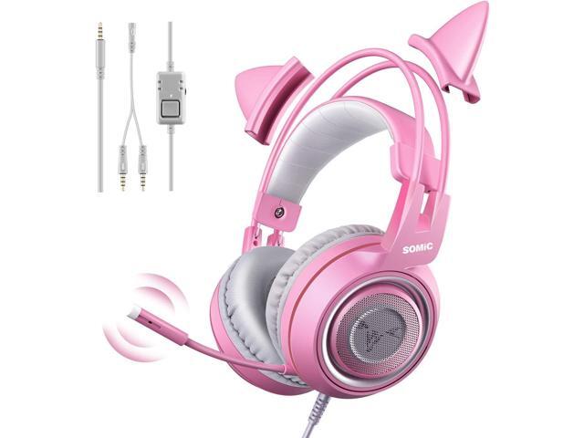 SOMIC G951s Pink Stereo Gaming Headset with Mic for PS4 Xbox One PC Mobile Phone 35MM Sound Detachable Cat Ear Headphones Lightweight