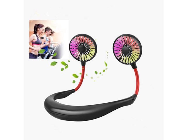 Portable Fan Hand Free Mini Fan with Neck Hanging Design USB Battery Rechargeable Personal Desk Fan with Strong Airflow 2 Wind Head 3 Speeds LED