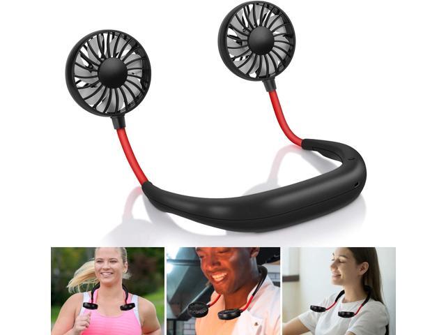 Hand Free Personal Fan USB Rechargeable Portable Wearable Necklance Mini Fan Dual Wind Head & 360 Degree Free Rotation Perfect for Sports Music
