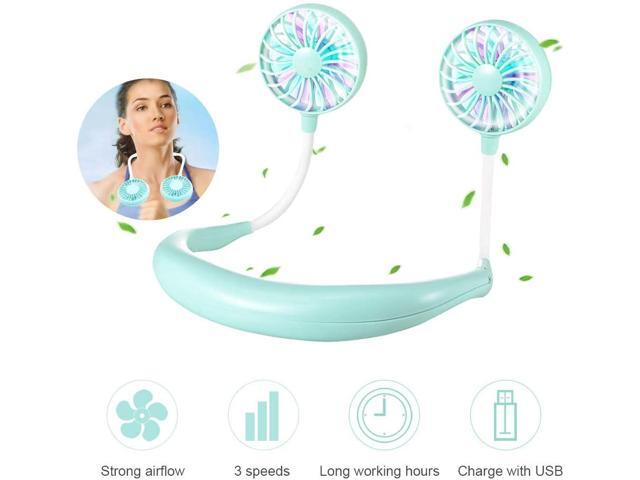JZ Mini Portable Hand Free Hanging Neck Sports USB Fan with 360 Degrees Free Rotation Colorful lamp Random Aromatherapy - Green