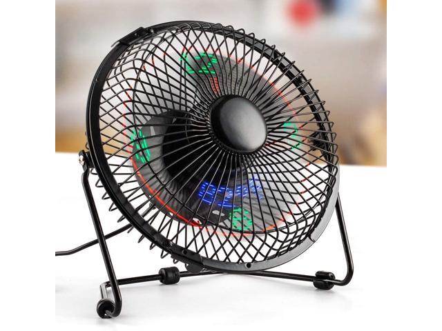 Small Desk Fan with Clock and Temperature Display Lichamp 7 Inch Metal Frame USB Powered Flashing LED Display Electric Little Personal Cooling