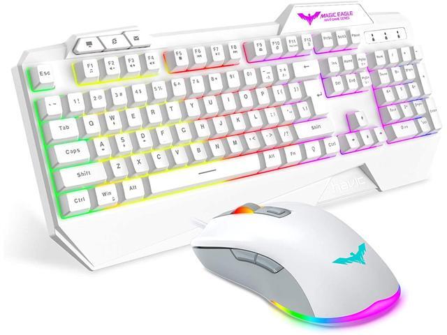 havit Keyboard Rainbow Backlit Wired Gaming Keyboard Mouse Combo LED 104 Keys USB Ergonomic Wrist Rest Keyboard 4800 DPI Mouse for PC Gamer (White)