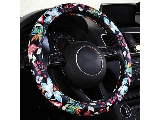Jacquard Flowers Steering Wheel Covers Floral Steering Covers for Women Universal 152 inch (Red)