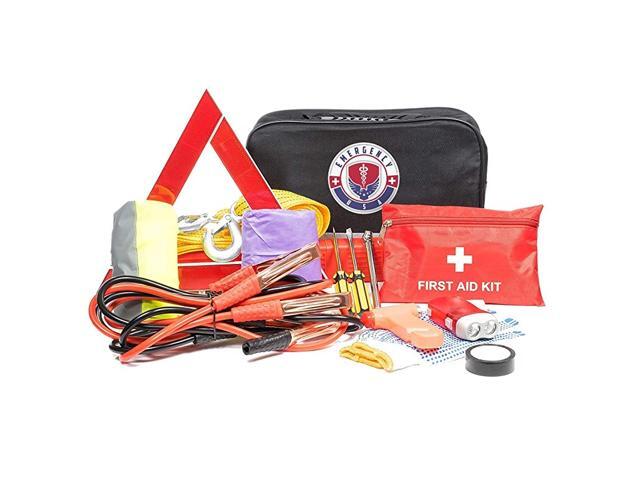 Assistance Emergency Car Kit - First Aid Kit Jumper Cables Tow Strap led Flash Light Rain Coat Tire Pressure Gauge Safety Vest and More Ideal