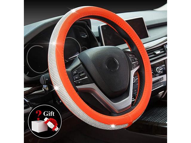 Bling Diamond Car Steering Wheel Cover with Crystal Rhinestones Universal 15 Inch for Fusion Focus HRV Corolla Prius Rav4 Tacoma Camry (Orange)