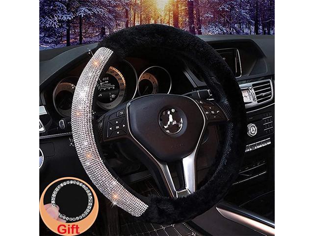 Car Steering Wheel Cover Fur Bling Bling Rhinestone Luxurious Universal for Girls Lady Winter Warm (Black)
