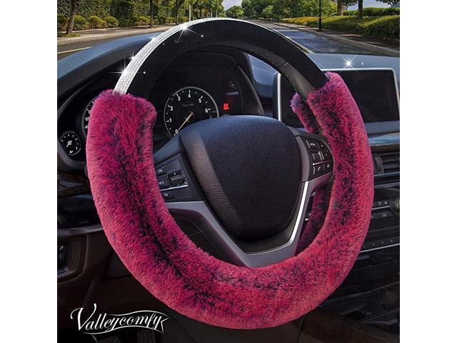 Winter Warm Faux Wool and Bling Diamond Fluffy Fashion Steering Wheel Covers for Women/Girls/Ladies 15 Inch Coffee