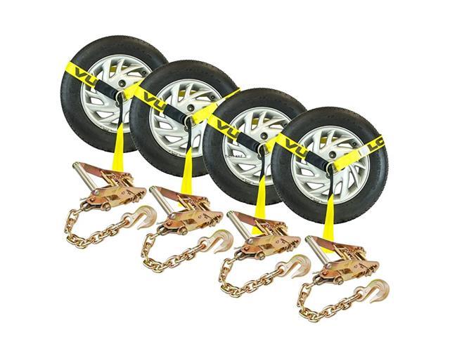 Car Tie Down with Chain Anchors - Lasso Style - 2 Inch x 96 Inch 4 Pack - High-Viz - 3300 Pound Safe Working Load
