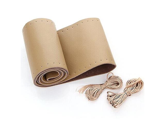 Universal Car Steering Wheel Cover Genuine Leather Stitch On Wrap (Size L Beige)
