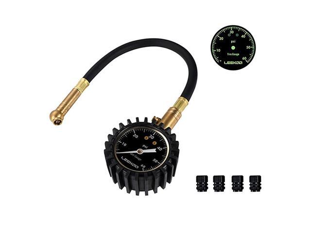 Mechanical Tire Pressure Gauge 60 PSI with 2' Easy Read Glow Dial and 4 Tire Valve Caps