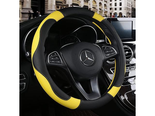 Leather Steering Wheel Cover Breathable Anti Slip & Odor Free Black and Yellow