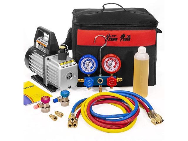 3CFM 1/4HP Air Vacuum Pump HVAC R134a R12 R22 R410a A/C Refrigeration Kit AC Manifold Gauge Carrying Tote