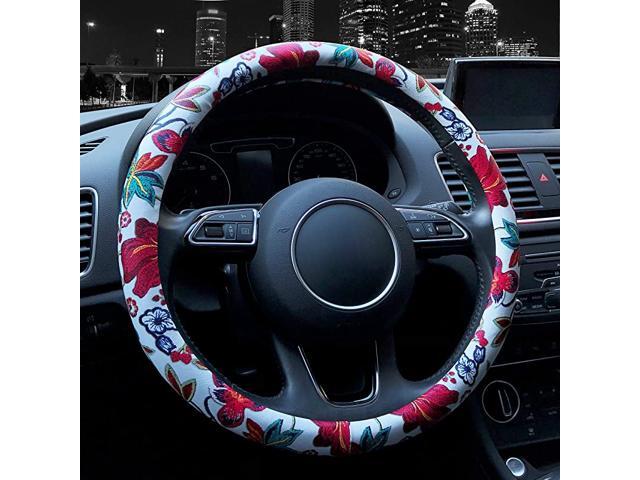 Leather Floral Car Automotive Steering Wheel Cover for Women Girls Ladies Anti Slip Universal 15 Chinese Style White & Blue Flowers