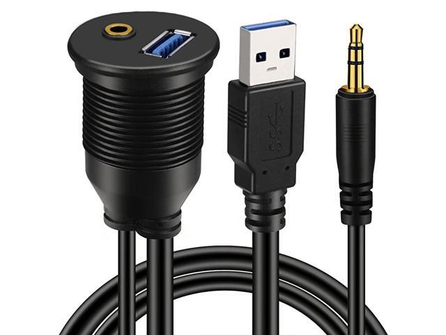 USB 30 & 35mm Car Mount Flush Cable 35mm + USB30 AUX Extension Dash Panel Waterproof Mount Cable for Car Boat and Motorcycle - 3ft