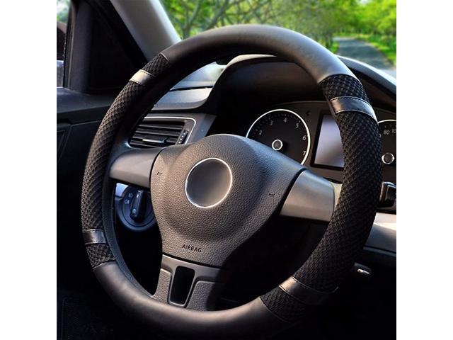 Leather Steering Wheel Cover with Beathable Microfiber and Viscose for Men Women Anti-Slip Odorless Universal 15 Inch Black Car Wheel Protector