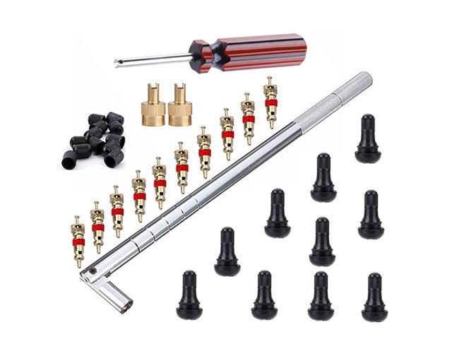 Valve Stem Tool Remover & Installation Set- 10pcs Snap in Short Rubber TR412 Valve Stem with Valve Stem Cores EASILY REPLACE Your Old Tubeless