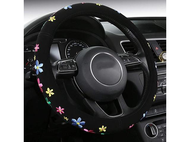Embroidery Cute Flowers Steering Wheel Covers- Colorful Delux Steering Covers Universal 15 inch (floral1)