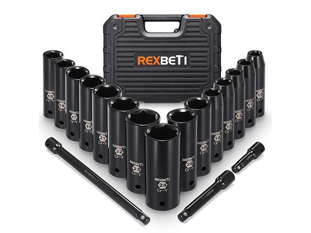 1/2-Inch Drive Deep Impact Socket Set Laser-etched Markings Metric CR-V 6 Point 18-Piece Set