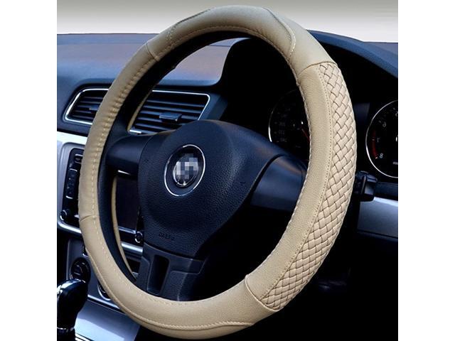 Top Leather Steering Wheel Cover Universal Fit Soft Breathable Steering Wheel Wrap (Cream-Colored)